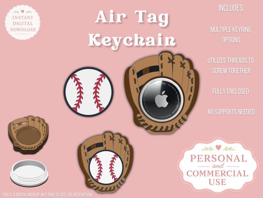 AirTag Holder Keychain | Baseball Glove with Baseball | STL 3MF