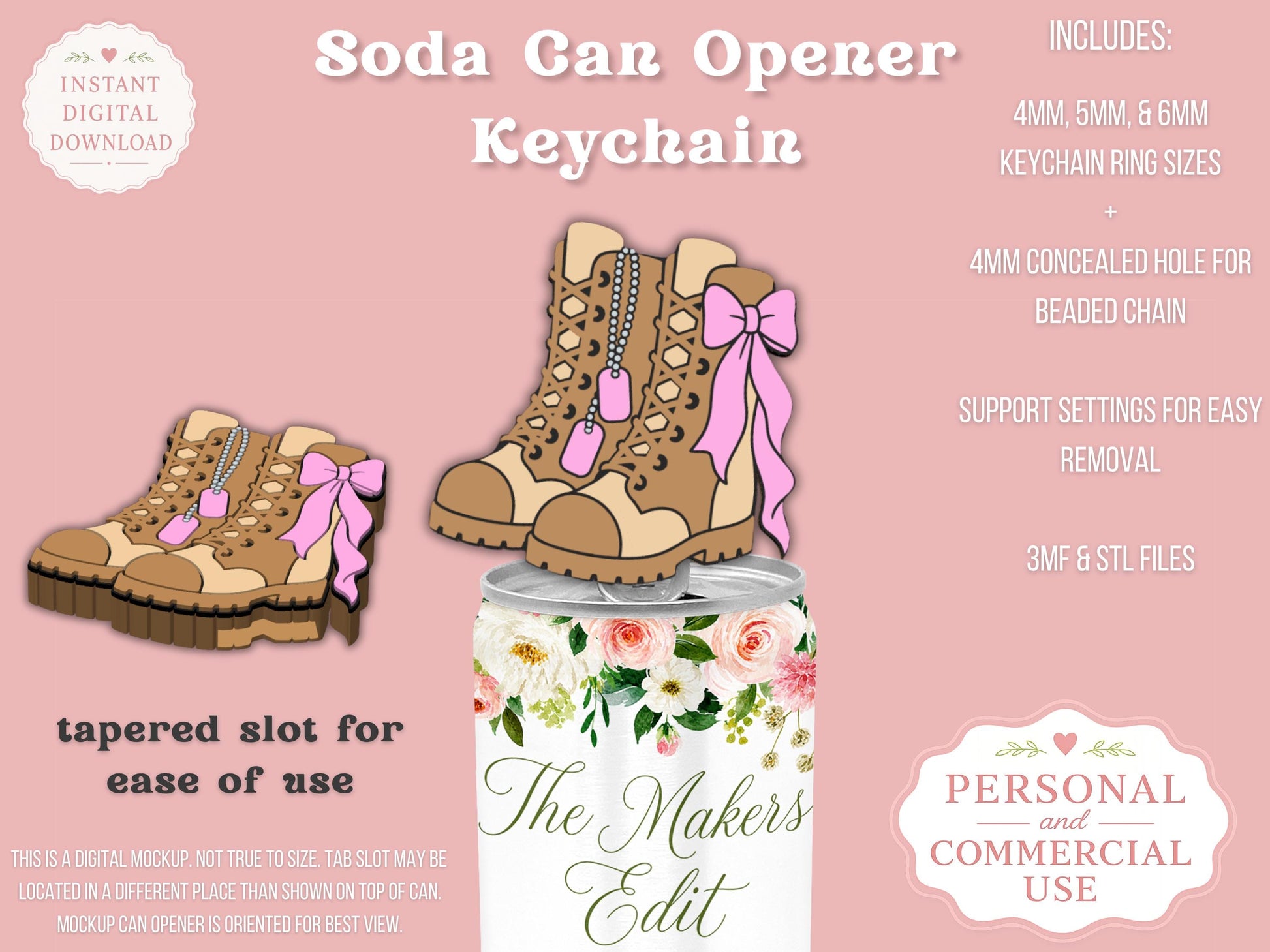 Soda Can Tab Opener 3D Printer File | Combat Boots Coquette Bow STL 3MF