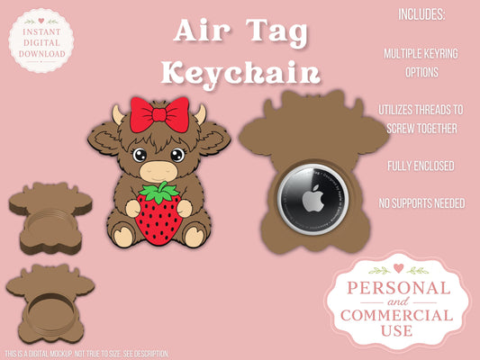 AirTag Holder Keychain | Highland Cow Strawberry | STL 3MF