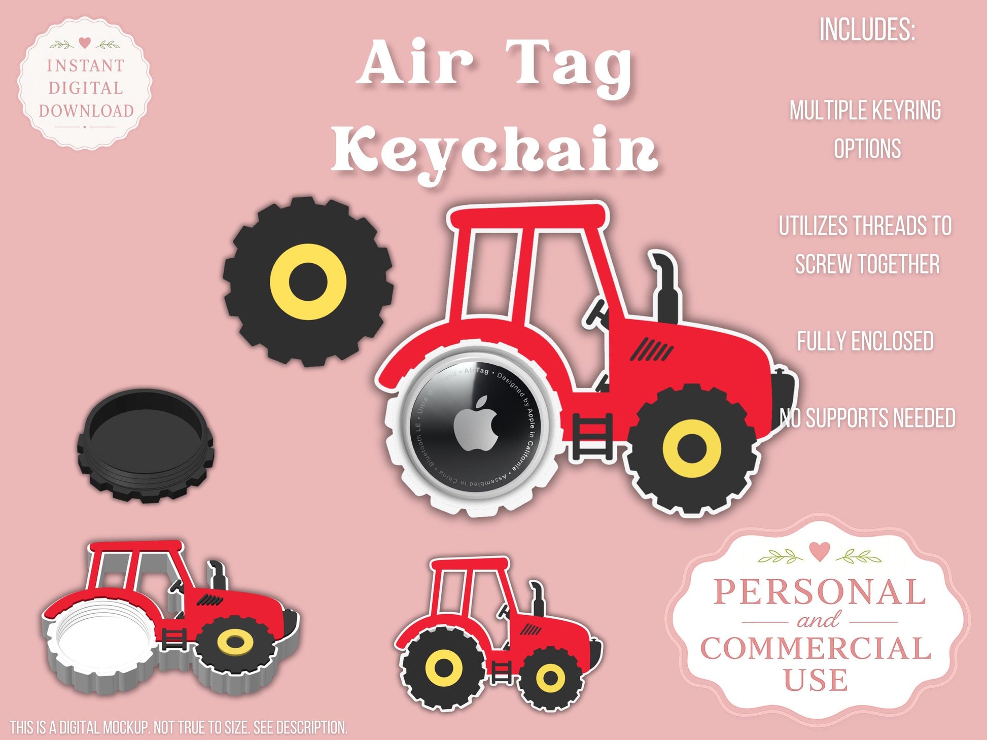 AirTag Holder Keychain | Tractor | STL 3MF