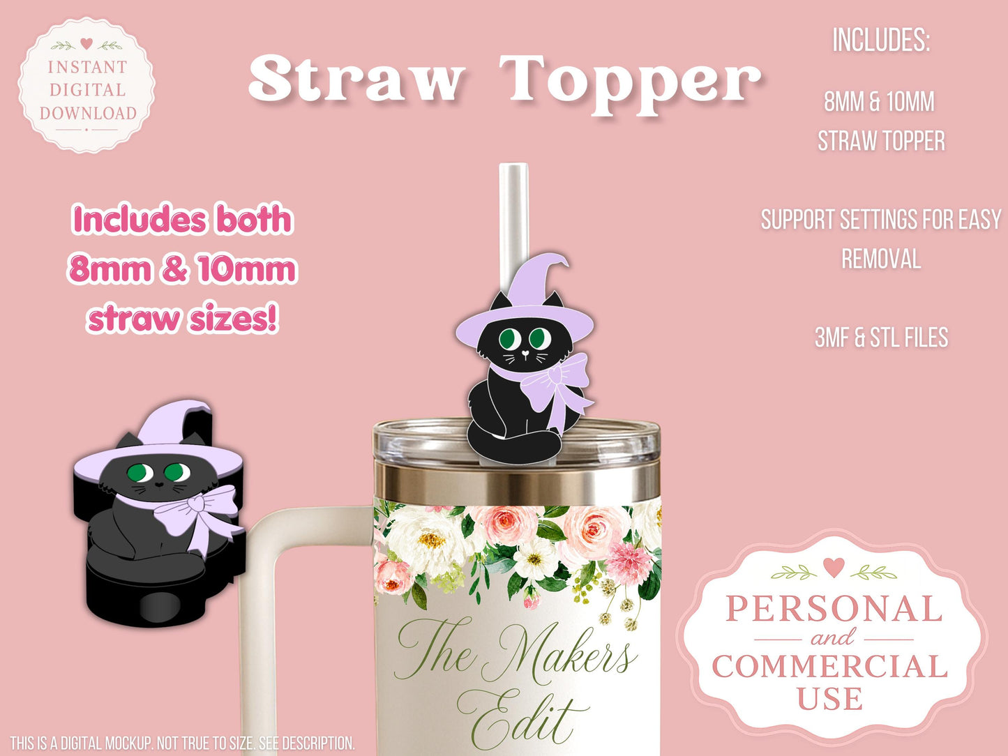 Witch Cat - Straw Topper - Digital File