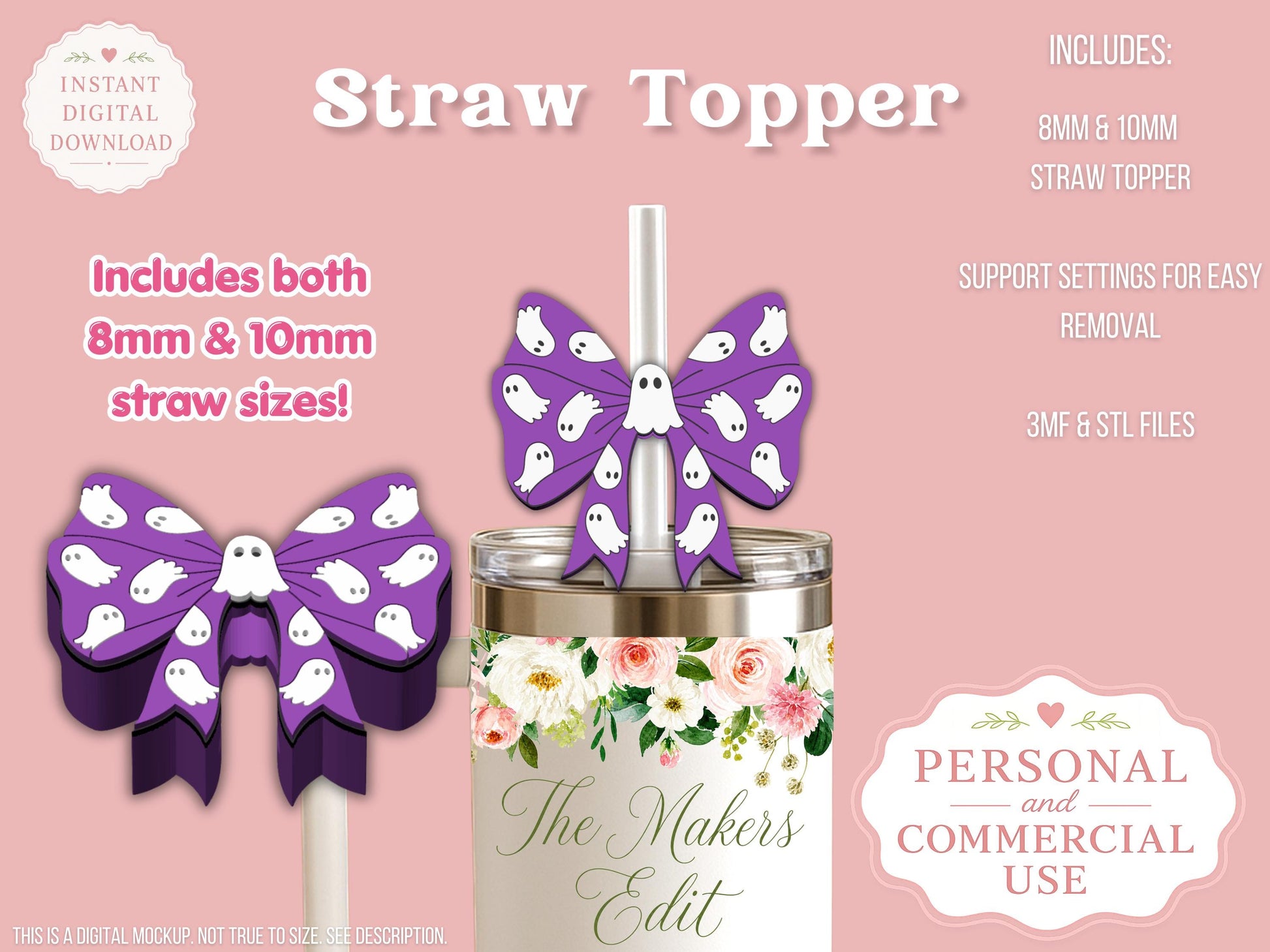 Ghost Coquette Bow - Straw Topper - Digital File