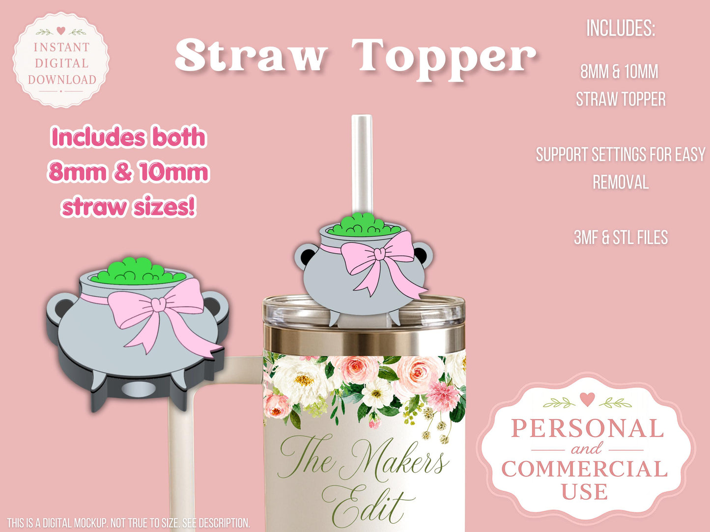 Straw Topper 3D Printer File | Witches Cauldron STL 3MF | Fits 10mm & 8mm Straws