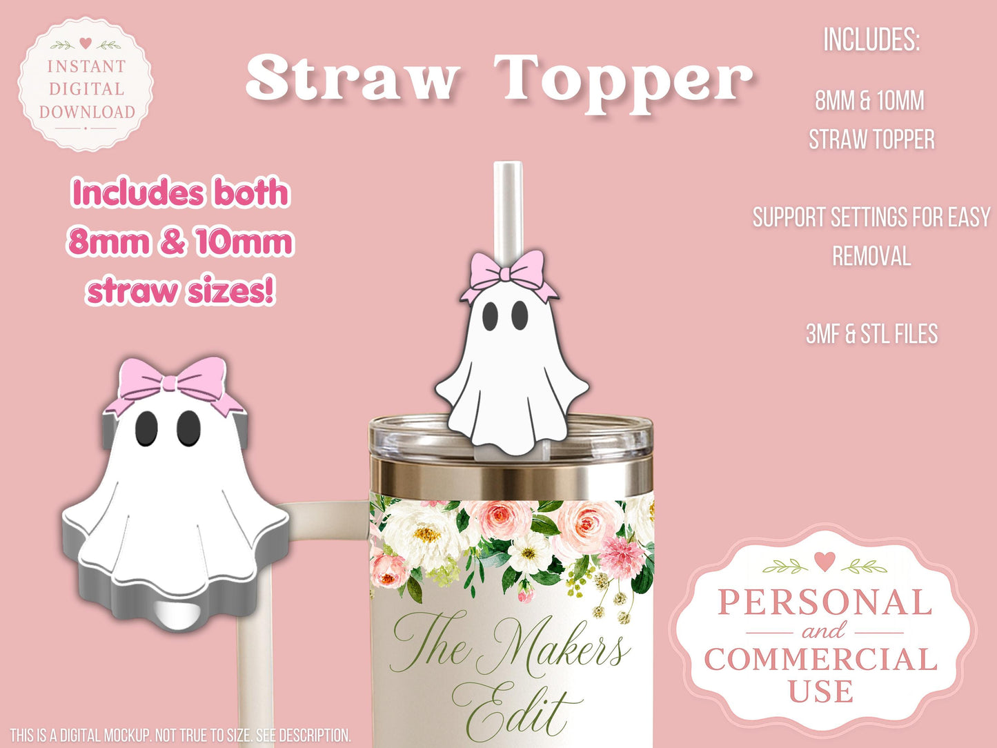 Straw Topper 3D Printer File | Ghost Coquette Bow STL 3MF | Fits 10mm & 8mm Straws