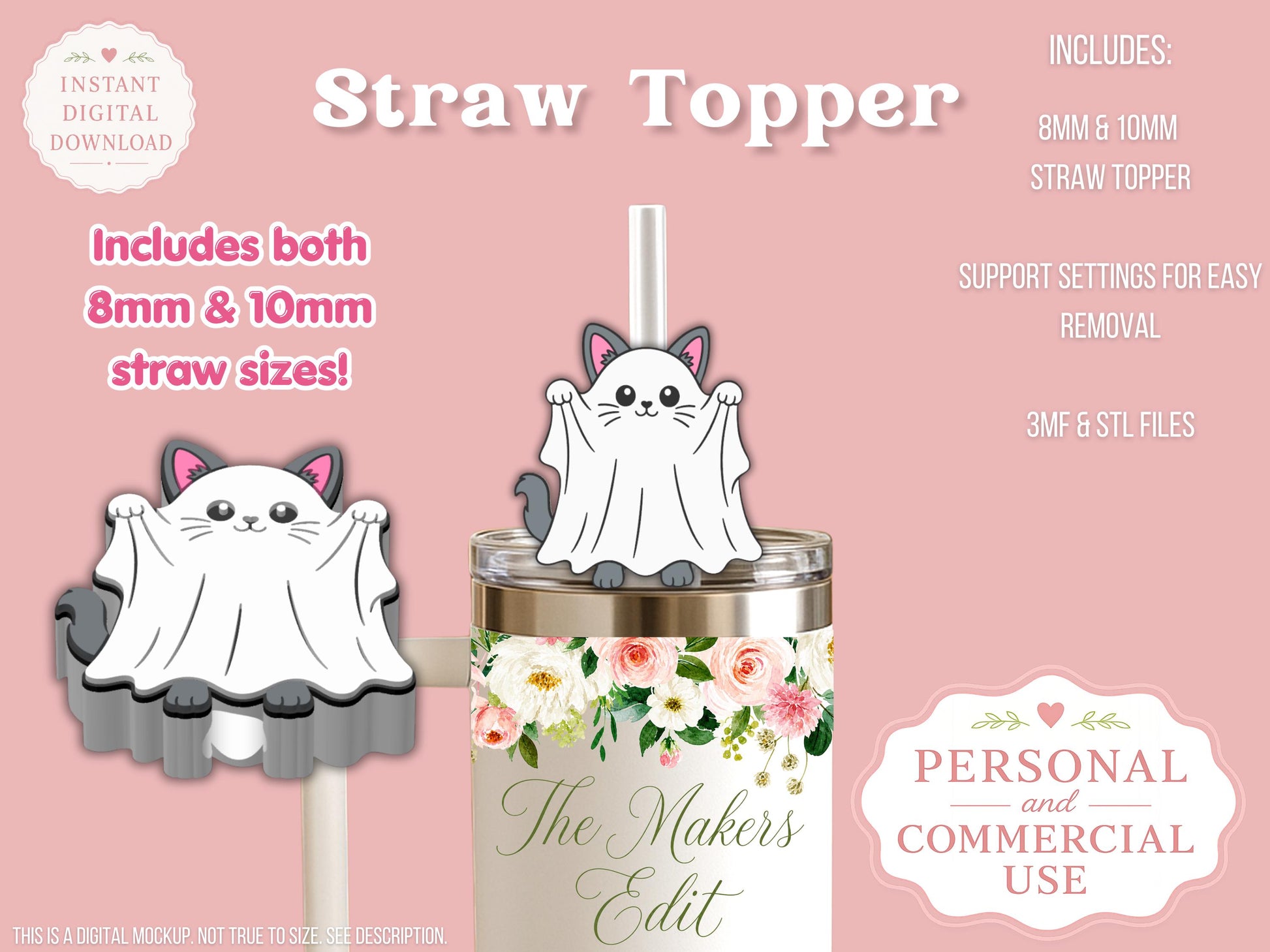 Straw Topper 3D Printer File | Ghost Cat STL 3MF | Fits 10mm & 8mm Straws