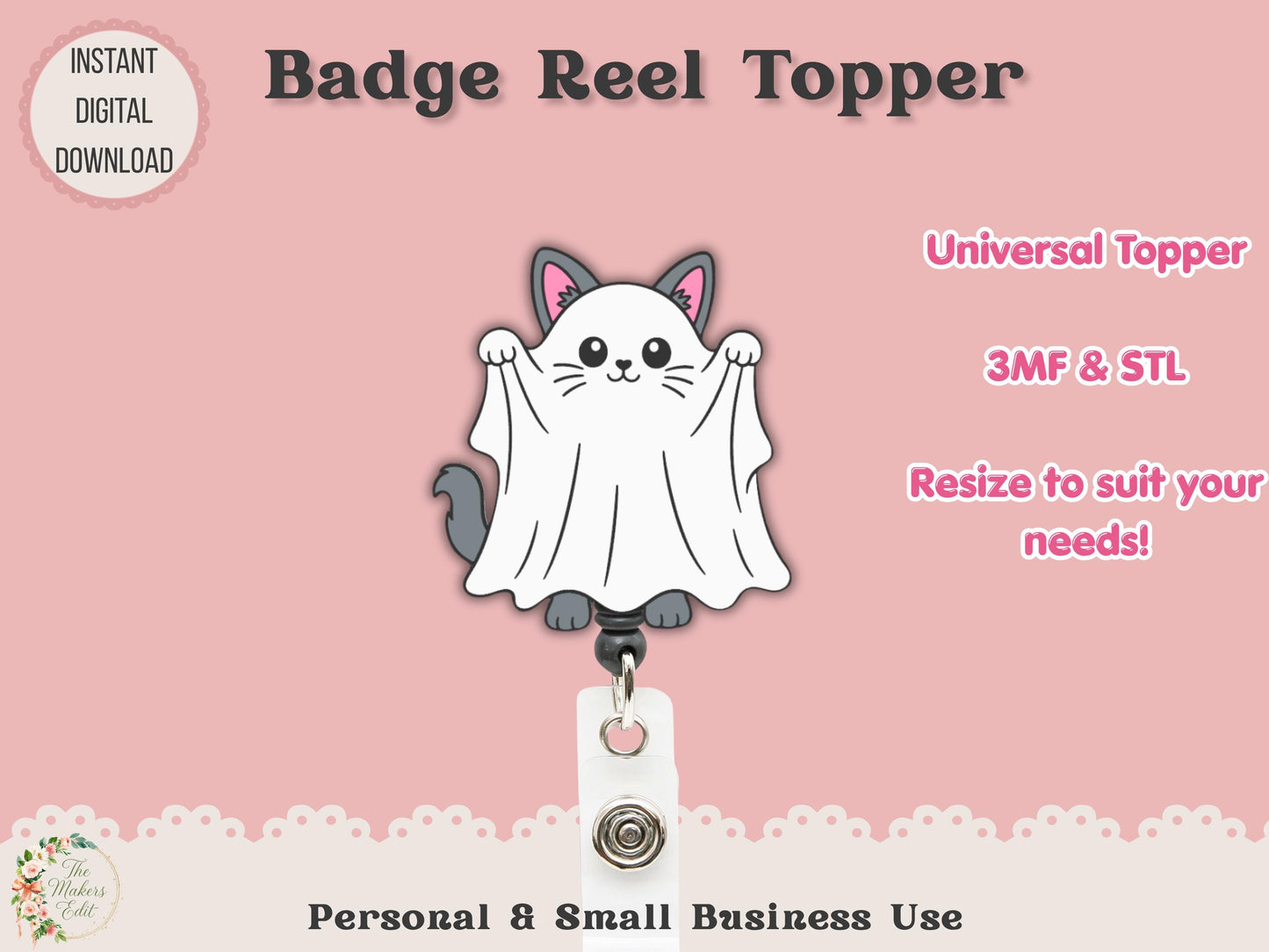Badge Reel Topper 3D Printer File | Ghost Cat STL 3MF