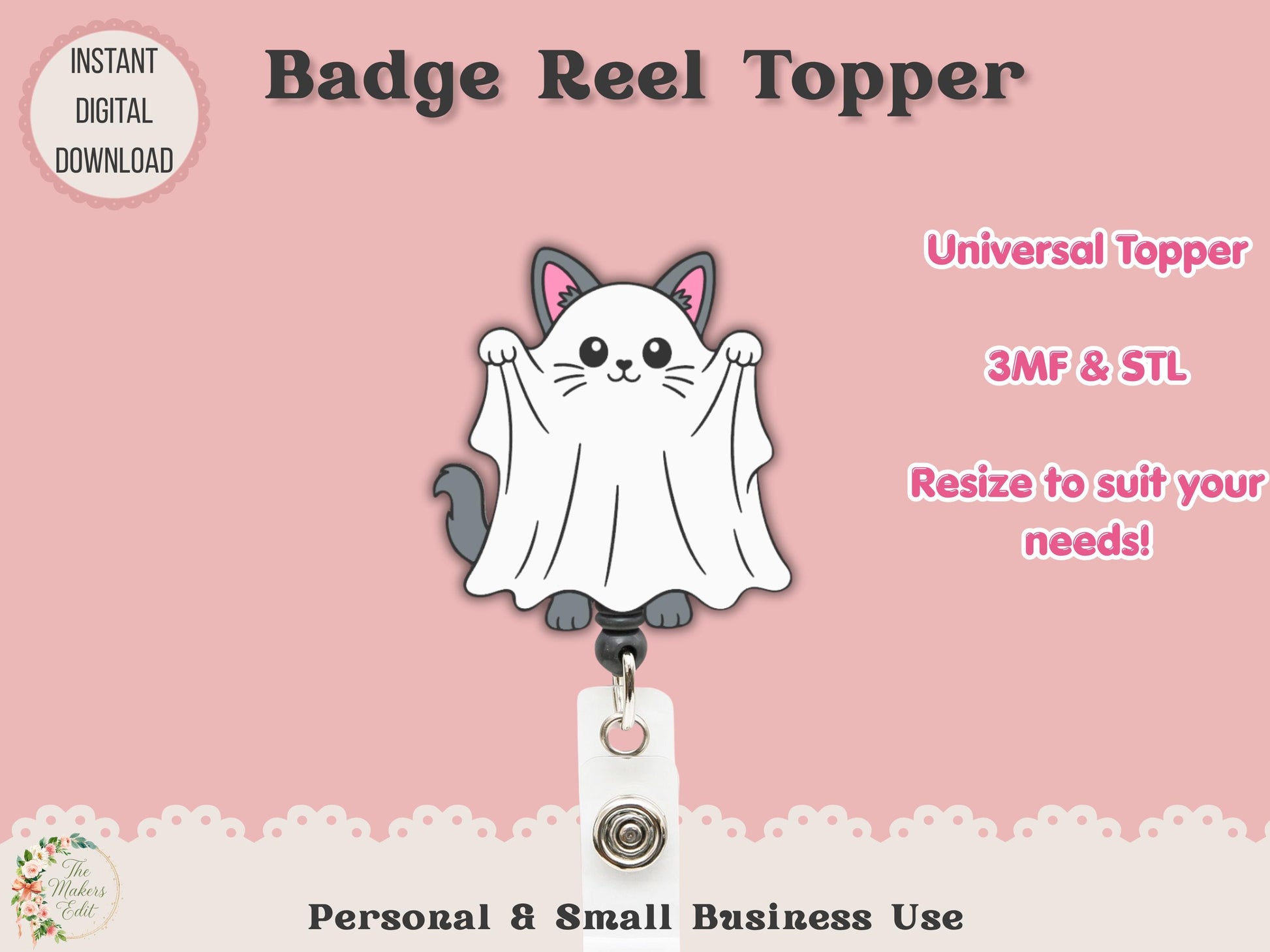 Badge Reel Topper 3D Printer File | Ghost Cat STL 3MF