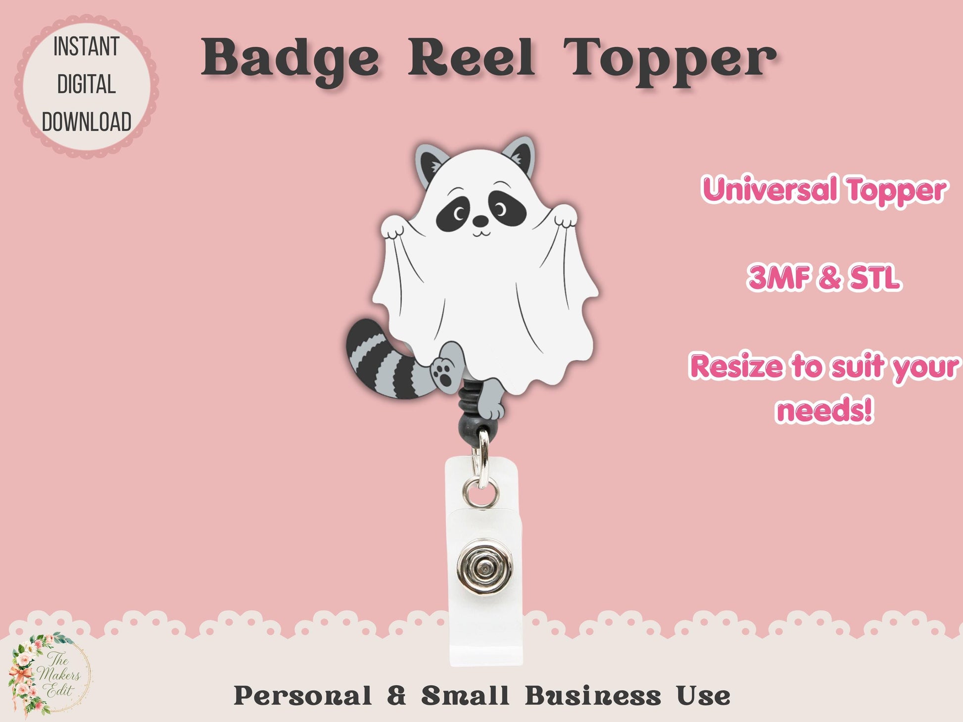 Badge Reel Topper 3D Printer File | Ghost Raccoon STL 3MF