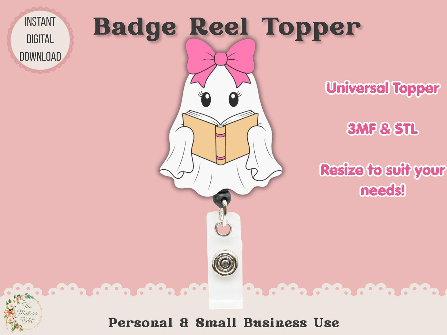 Badge Reel Topper 3D Printer File | Bookish Ghost STL 3MF
