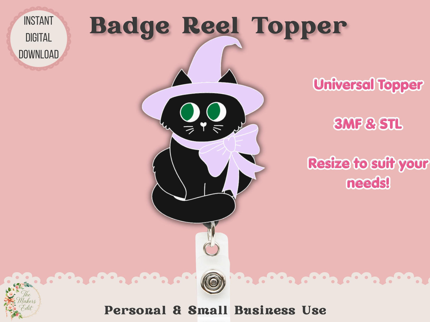 Badge Reel Topper 3D Printer File | Witch Cat STL 3MF