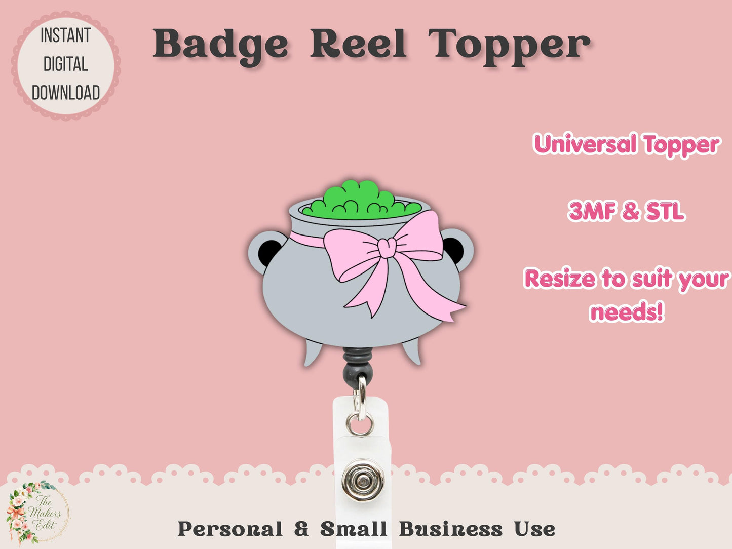 Badge Reel Topper 3D Printer File | Witches Cauldron STL 3MF