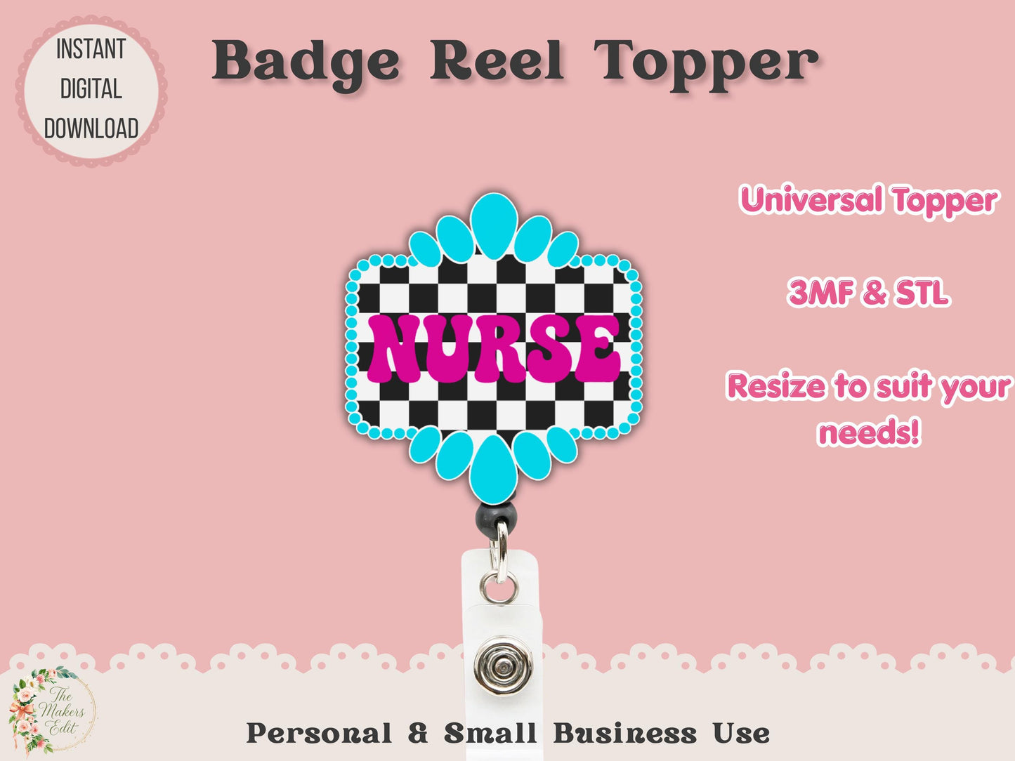 Nurse Turquoise Gemstone Checkered - Badge Reel Topper - Digital File
