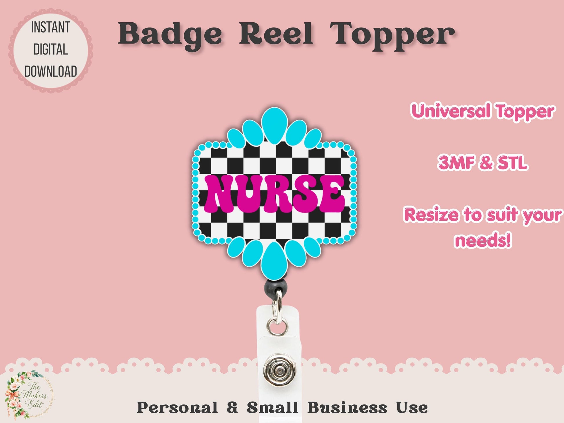 Nurse Turquoise Gemstone Checkered - Badge Reel Topper - Digital File