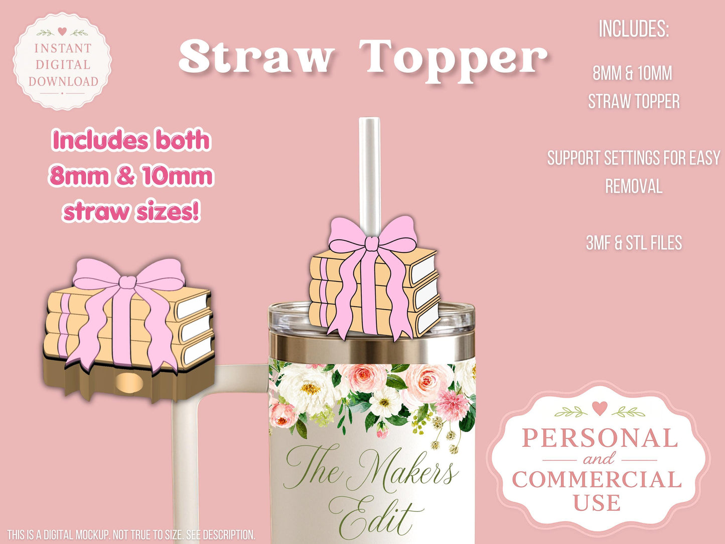 Straw Topper 3D Printer File | Book Pile Coquette STL 3MF | Fits 10mm & 8mm Straws