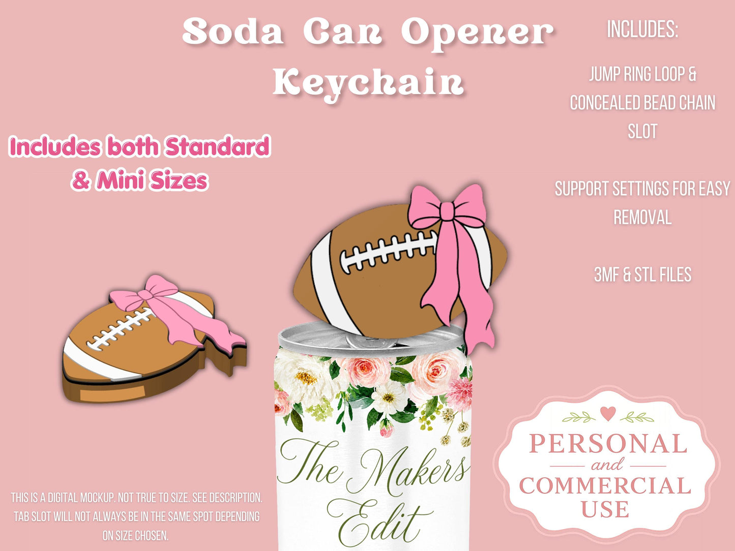 Soda Can Tab Opener Keychain 3D Printer File | Football Coquette STL 3MF