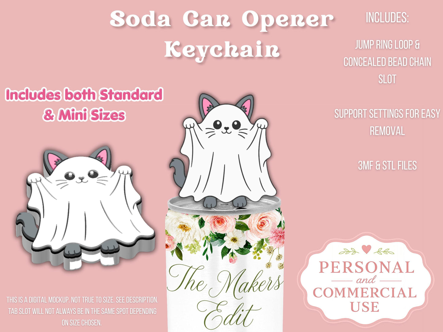 Soda Can Tab Opener Keychain 3D Printer File | Ghost Cat | STL 3MF
