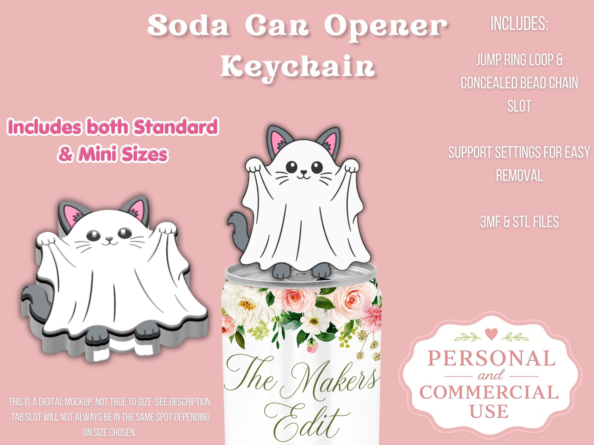 Soda Can Tab Opener Keychain 3D Printer File | Ghost Cat | STL 3MF