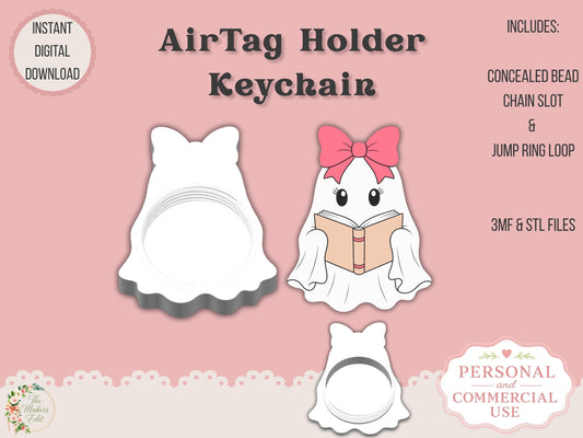AirTag Holder Keychain | Bookish Ghost Coquette Bow | STL 3MF