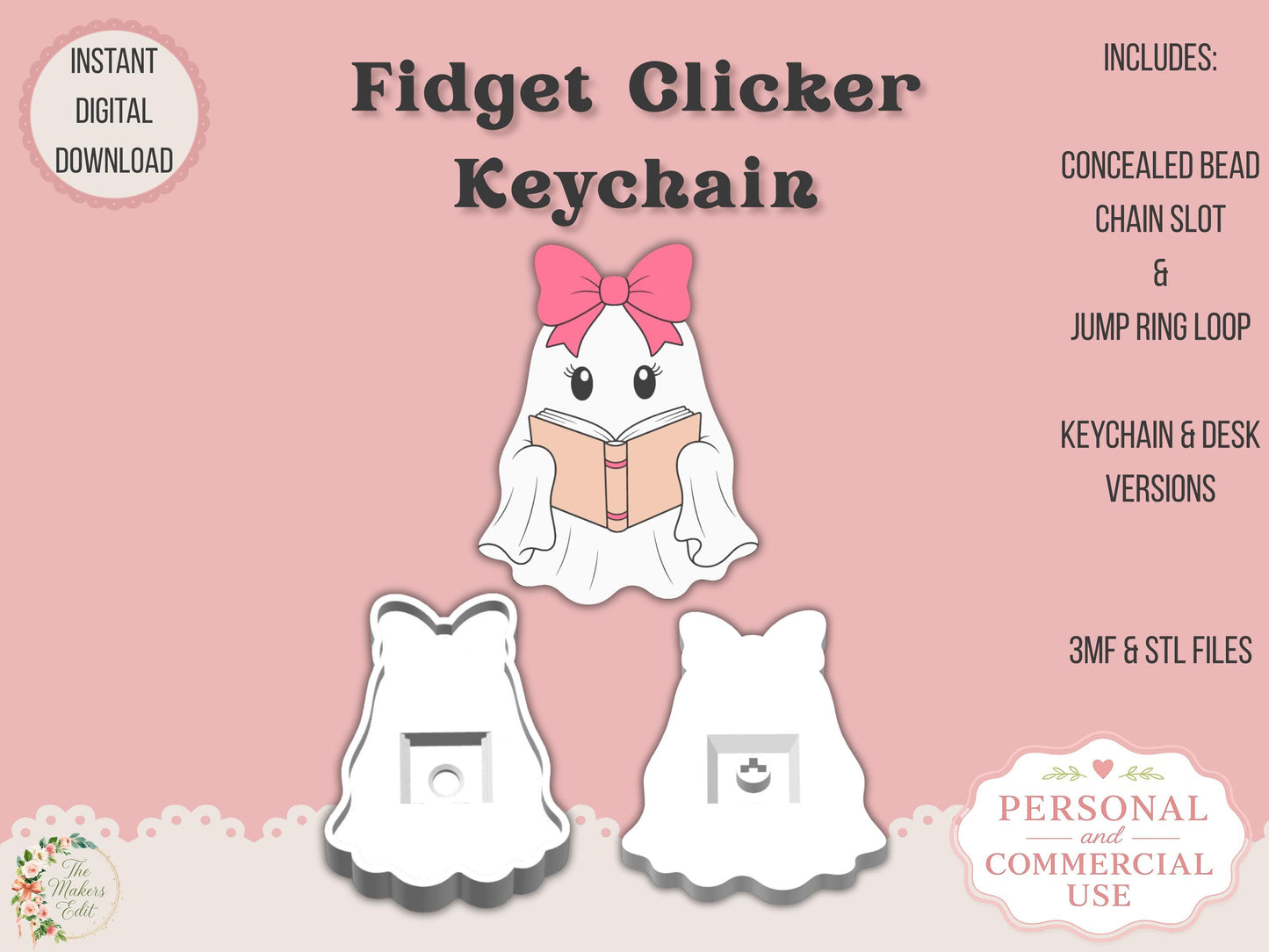 Fidget Clicker 3D Printer File | Bookish Ghost Coquette Bow STL 3MF | Keychain