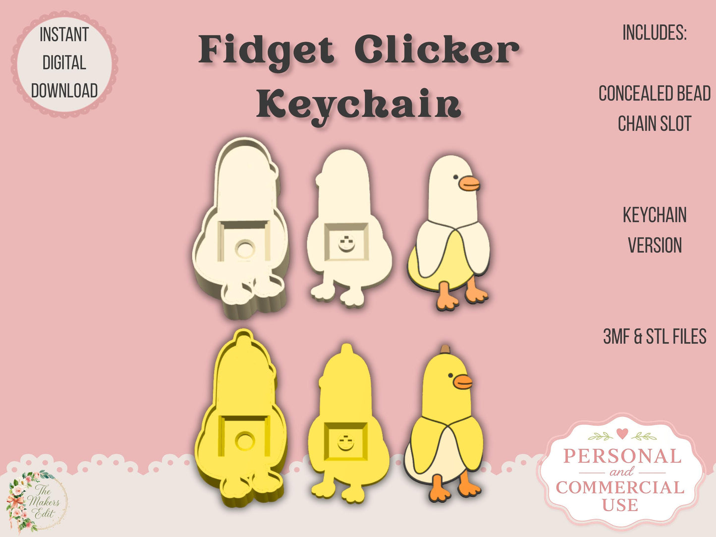 Fidget Clicker Keychain 3D Print File | Banana Chicken STL 3MF