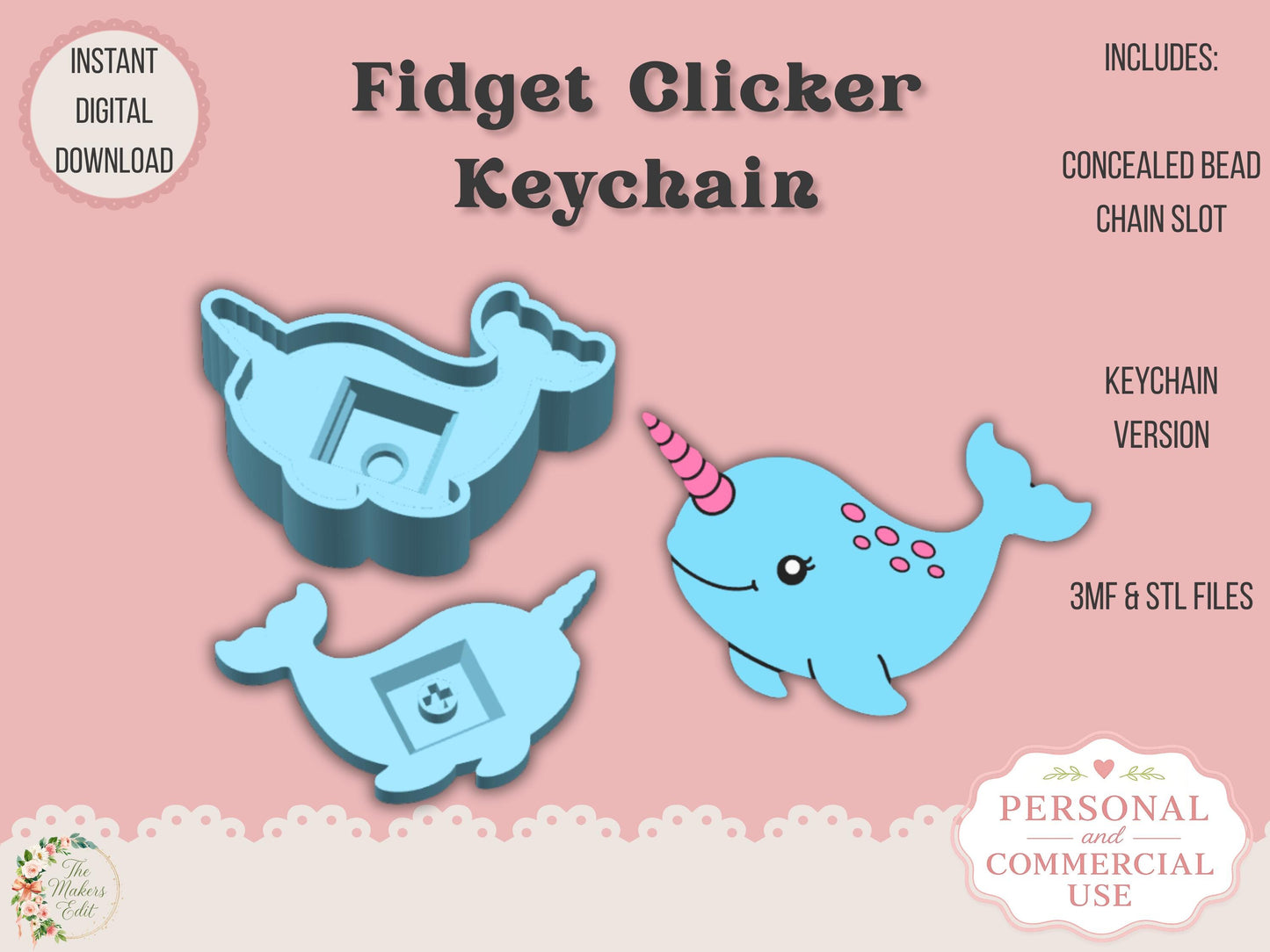 Fidget Clicker Keychain 3D Print File | Narwhal STL 3MF