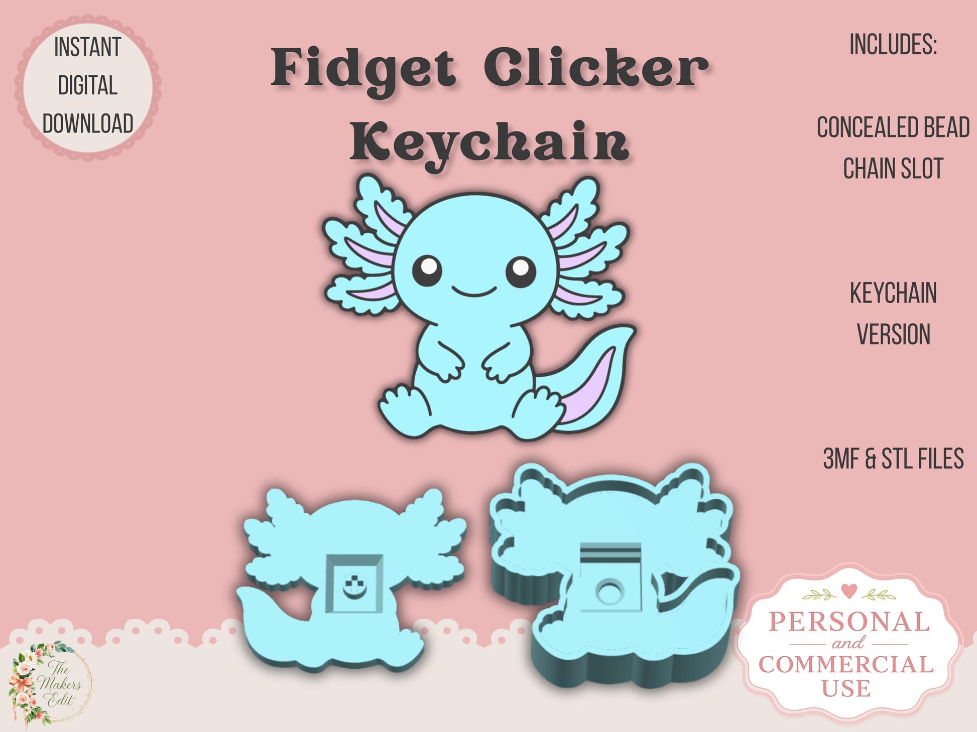 Fidget Clicker Keychain 3D Print File | Axolotl STL 3MF