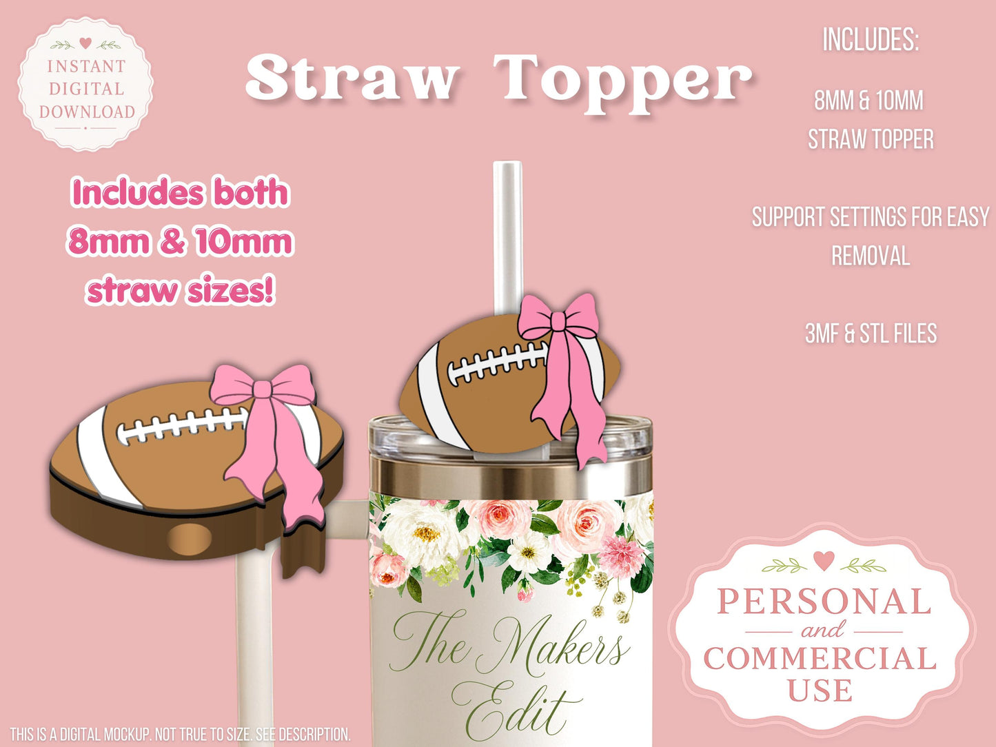 Straw Topper 3D Printer File | Football Coquette STL 3MF | Fits 10mm & 8mm Straws