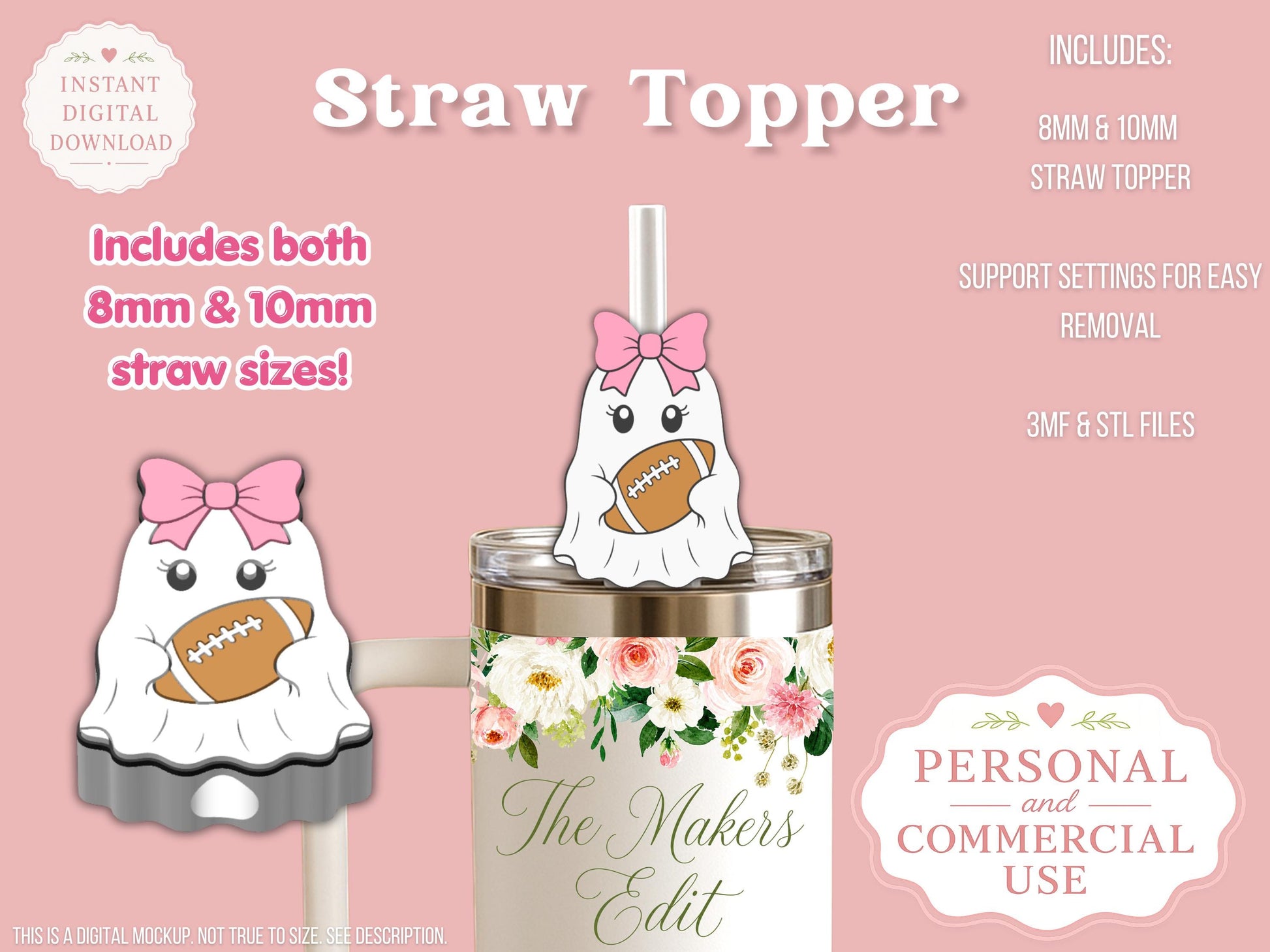 Straw Topper 3D Printer File | Ghost Football Coquette STL 3MF | Fits 10mm & 8mm Straws