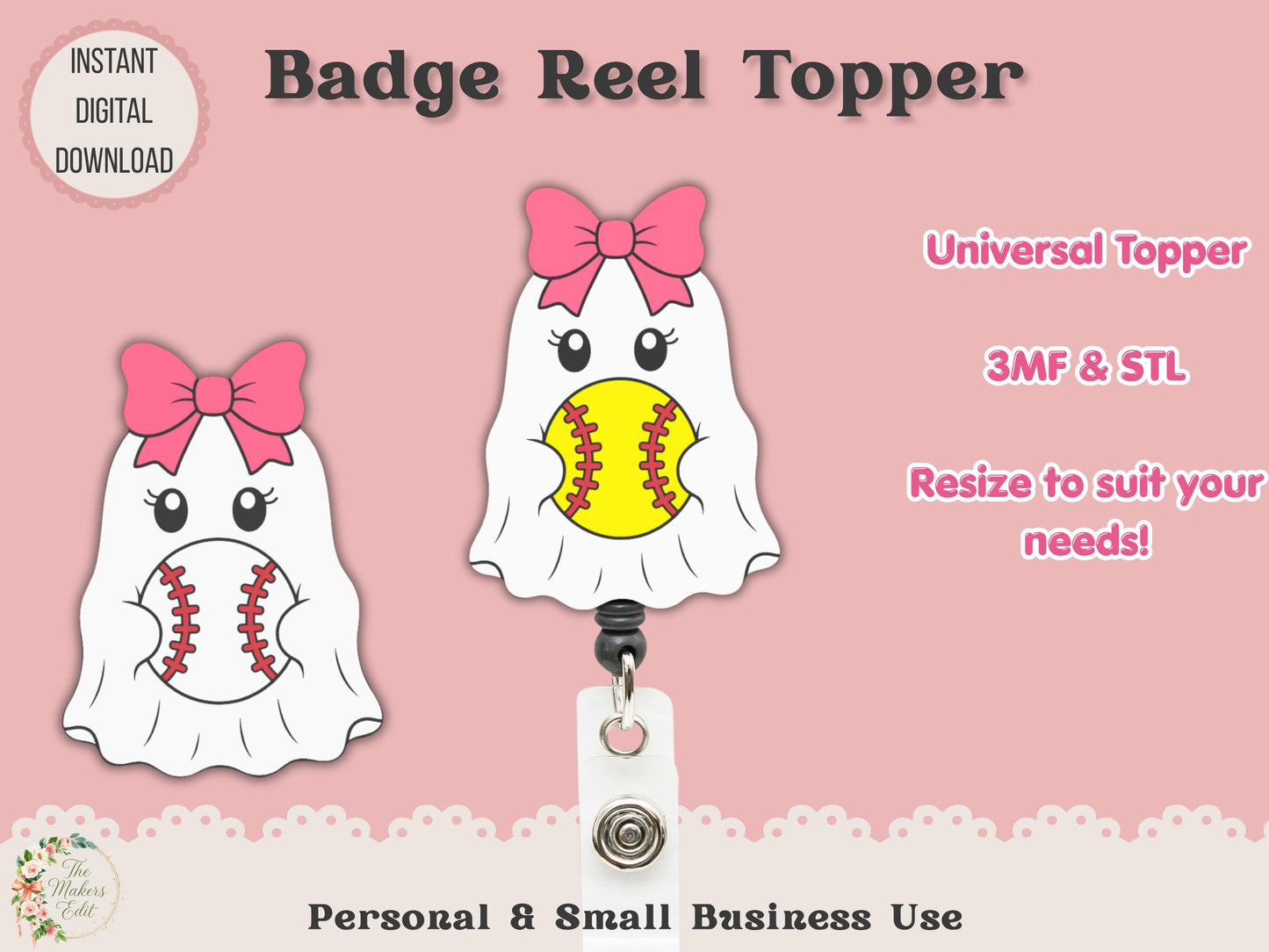Badge Reel Topper 3D Printer File | Ghost Baseball Softball STL 3MF