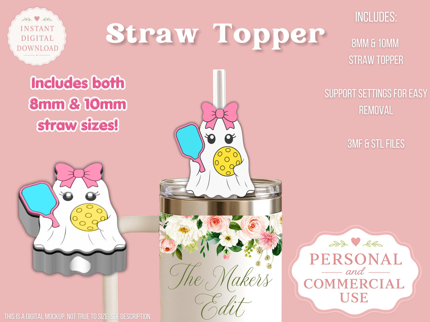 Straw Topper 3D Printer File | Ghost Pickleball Coquette STL 3MF | Fits 10mm & 8mm Straws