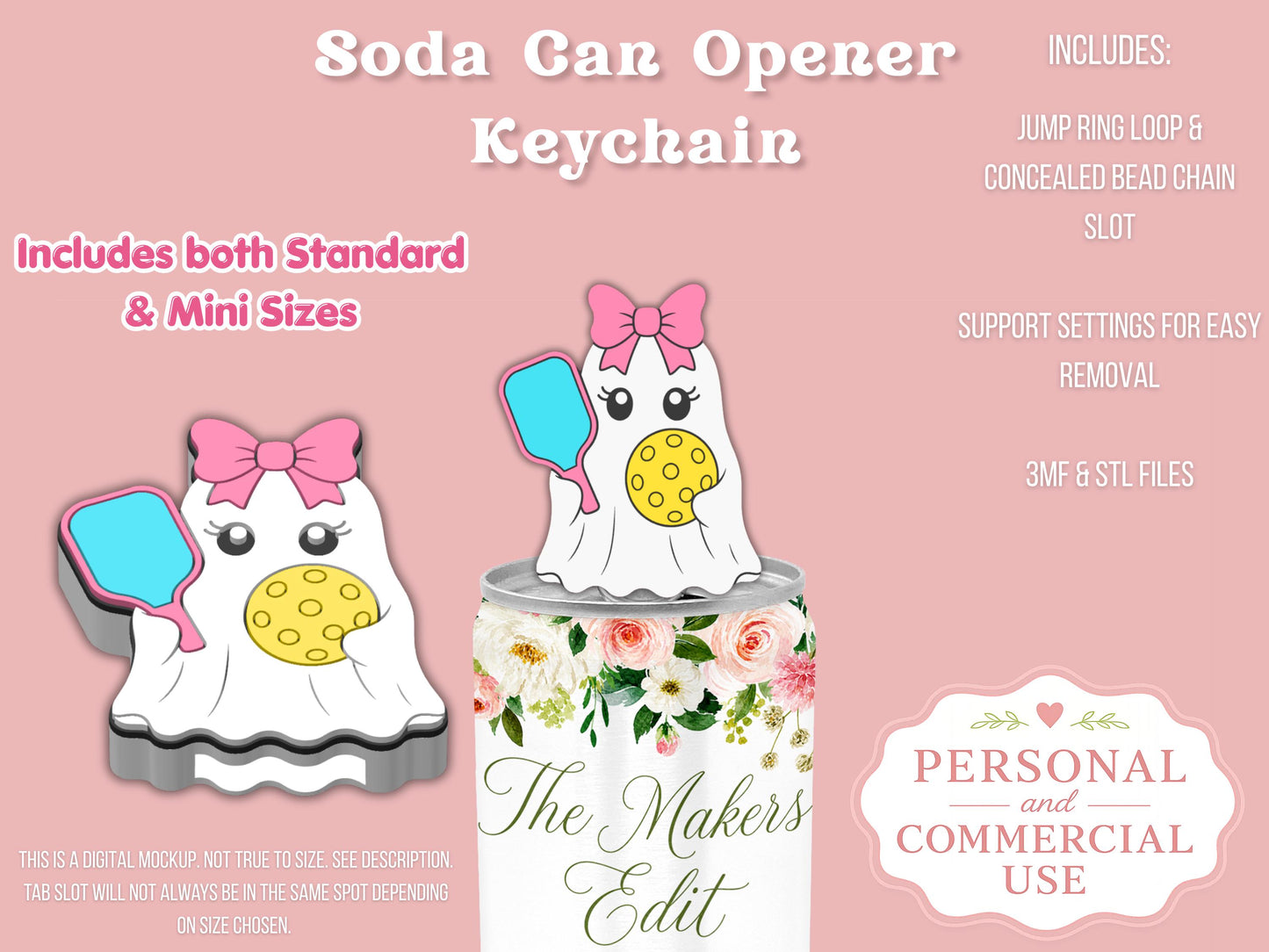 Soda Can Tab Opener Keychain 3D Printer File | Ghost Pickleball Coquette STL 3MF