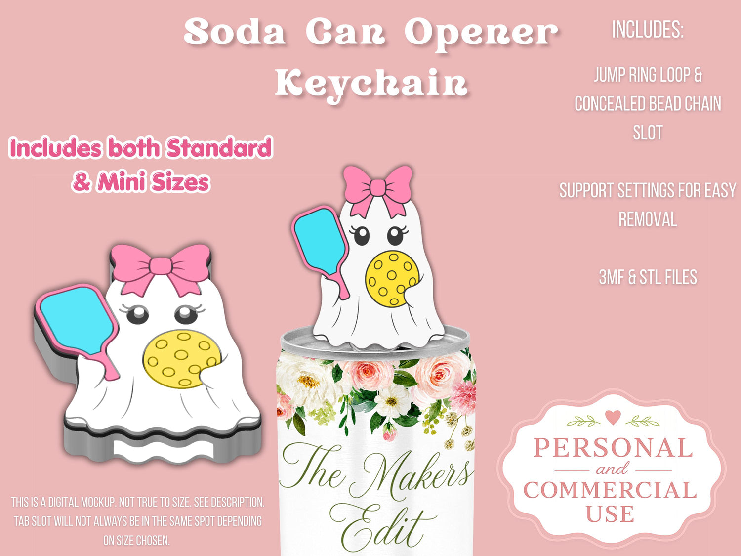 Soda Can Tab Opener Keychain 3D Printer File | Ghost Pickleball Coquette STL 3MF