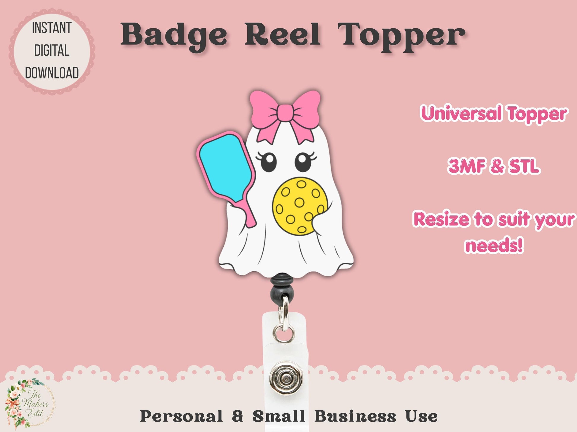 Badge Reel Topper 3D Printer File | Ghost Pickleball Coquette STL 3MF