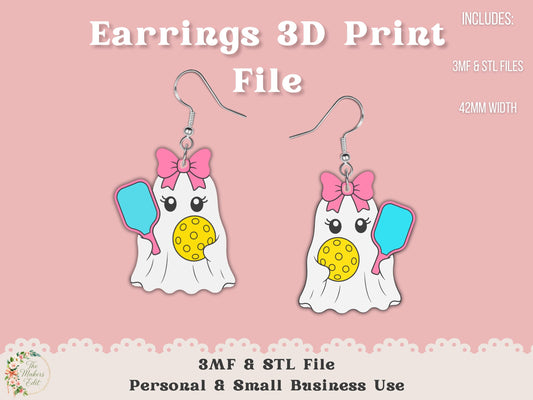 Earrings 3D Printer File | Ghost Pickleball Coquette STL 3MF