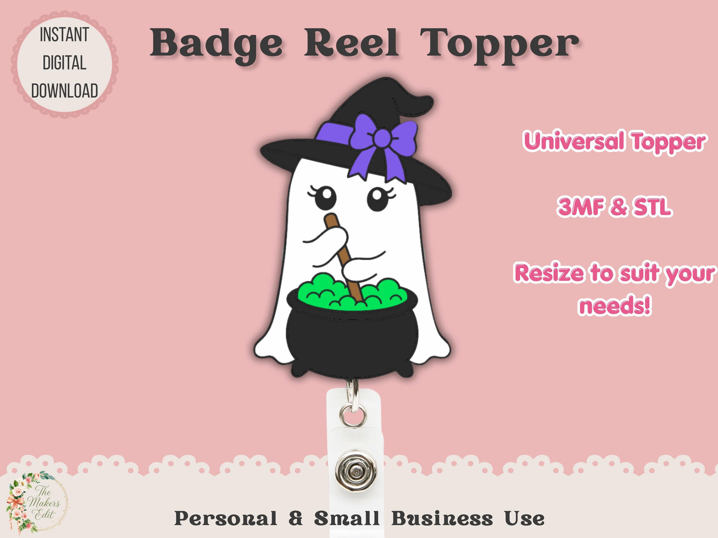 Badge Reel Topper 3D Printer File | Ghost Witch Cauldron STL 3MF