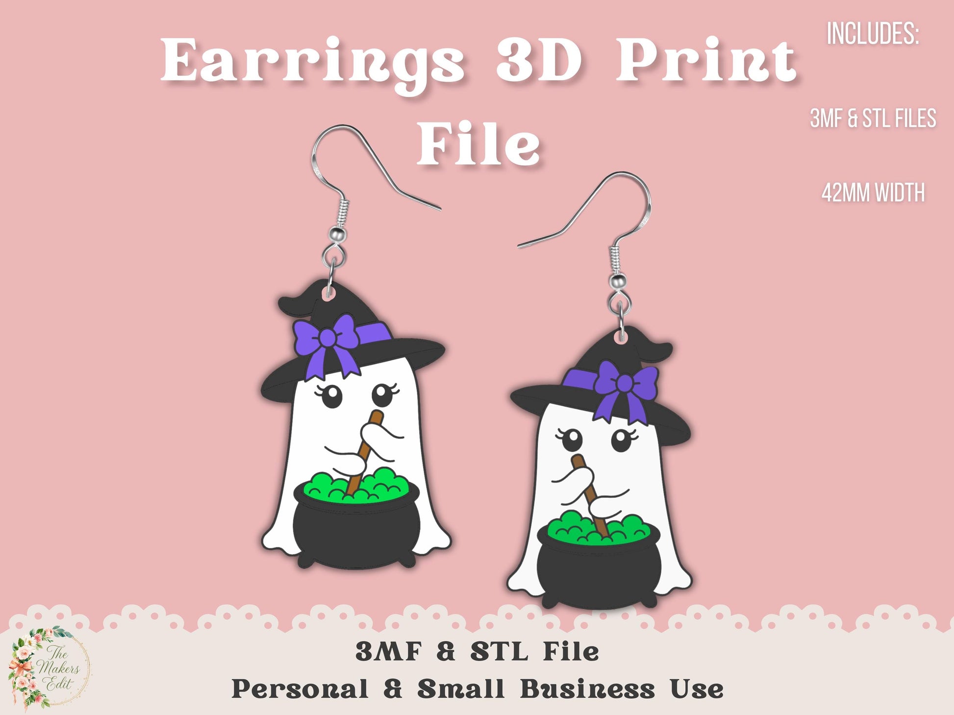 Earrings 3D Printer File | Ghost Witch Cauldron STL 3MF