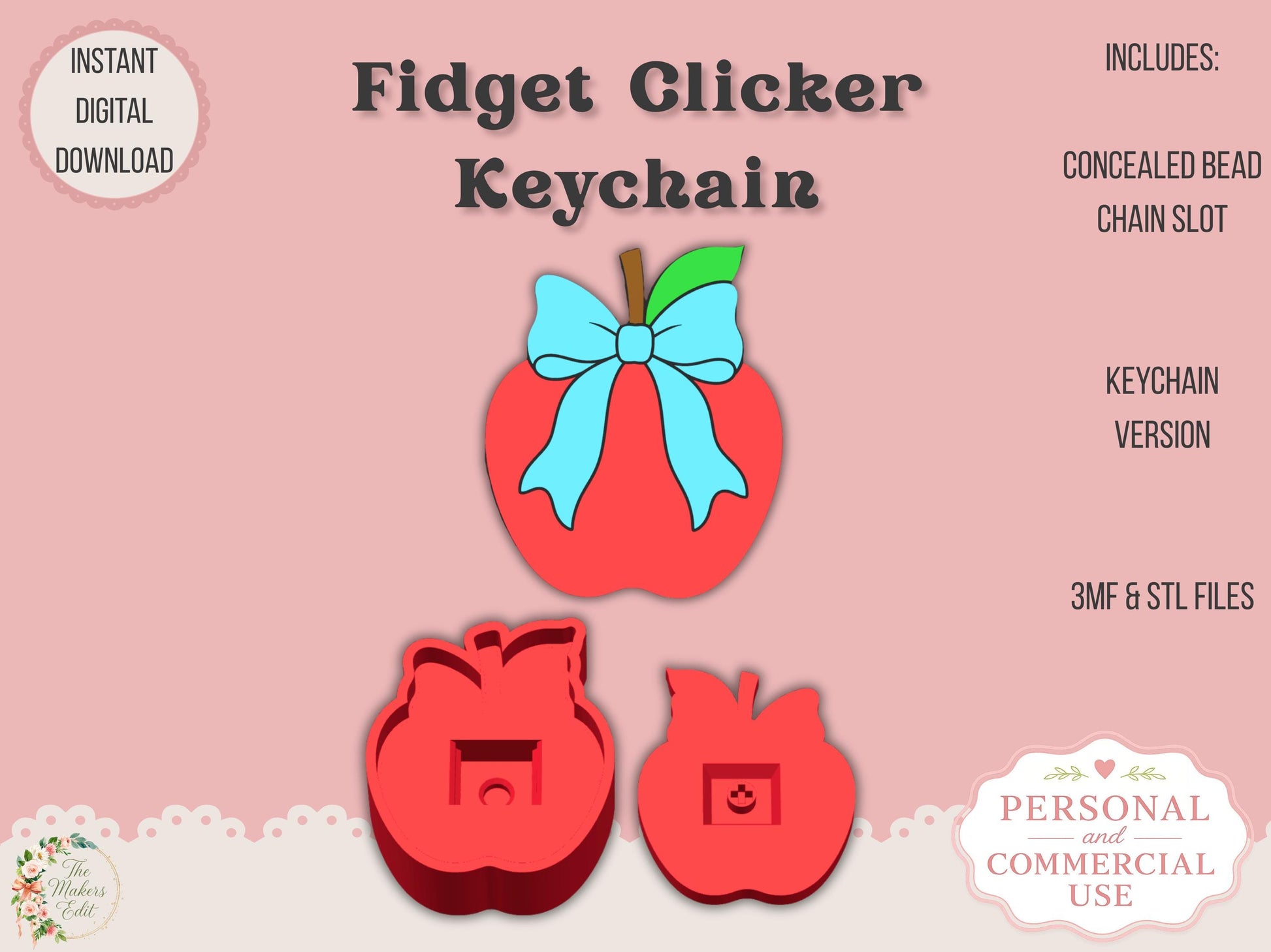 Fidget Clicker Keychain 3D Print File | Apple Coquette STL 3MF