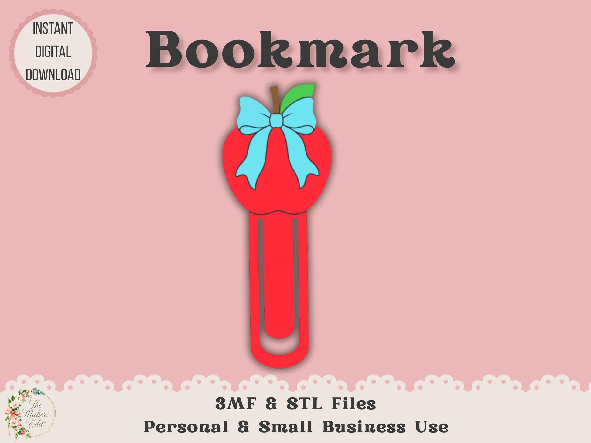 Bookmark 3D Printer File | Apple Coquette STL 3MF