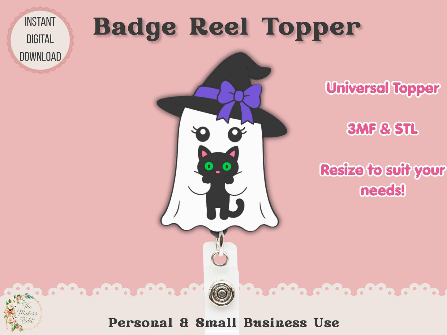 Badge Reel Topper 3D Printer File | Ghost Witch Cat STL 3MF