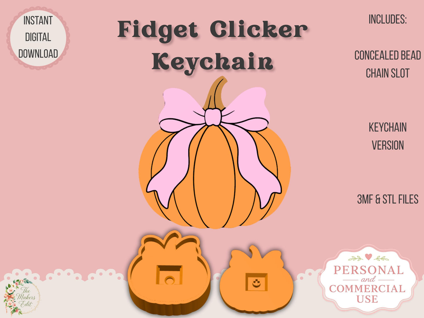 Fidget Clicker 3D Printer File | Pumpkin Coquette Bow STL 3MF | Keychain