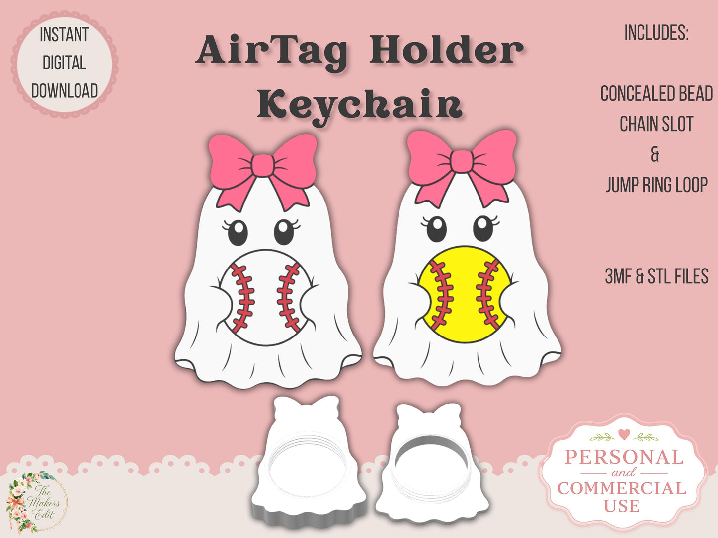 AirTag Holder Keychain | Ghost Baseball Softball | STL 3MF