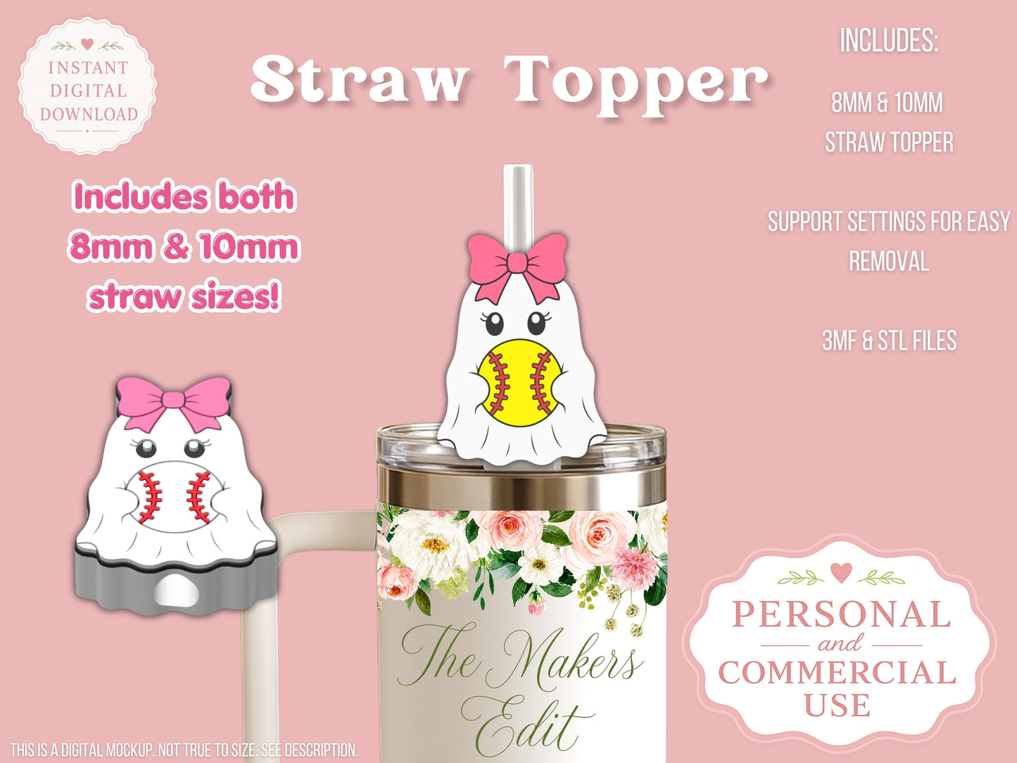 Straw Topper 3D Printer File | Ghost Baseball Softball STL 3MF | Fits 10mm & 8mm Straws