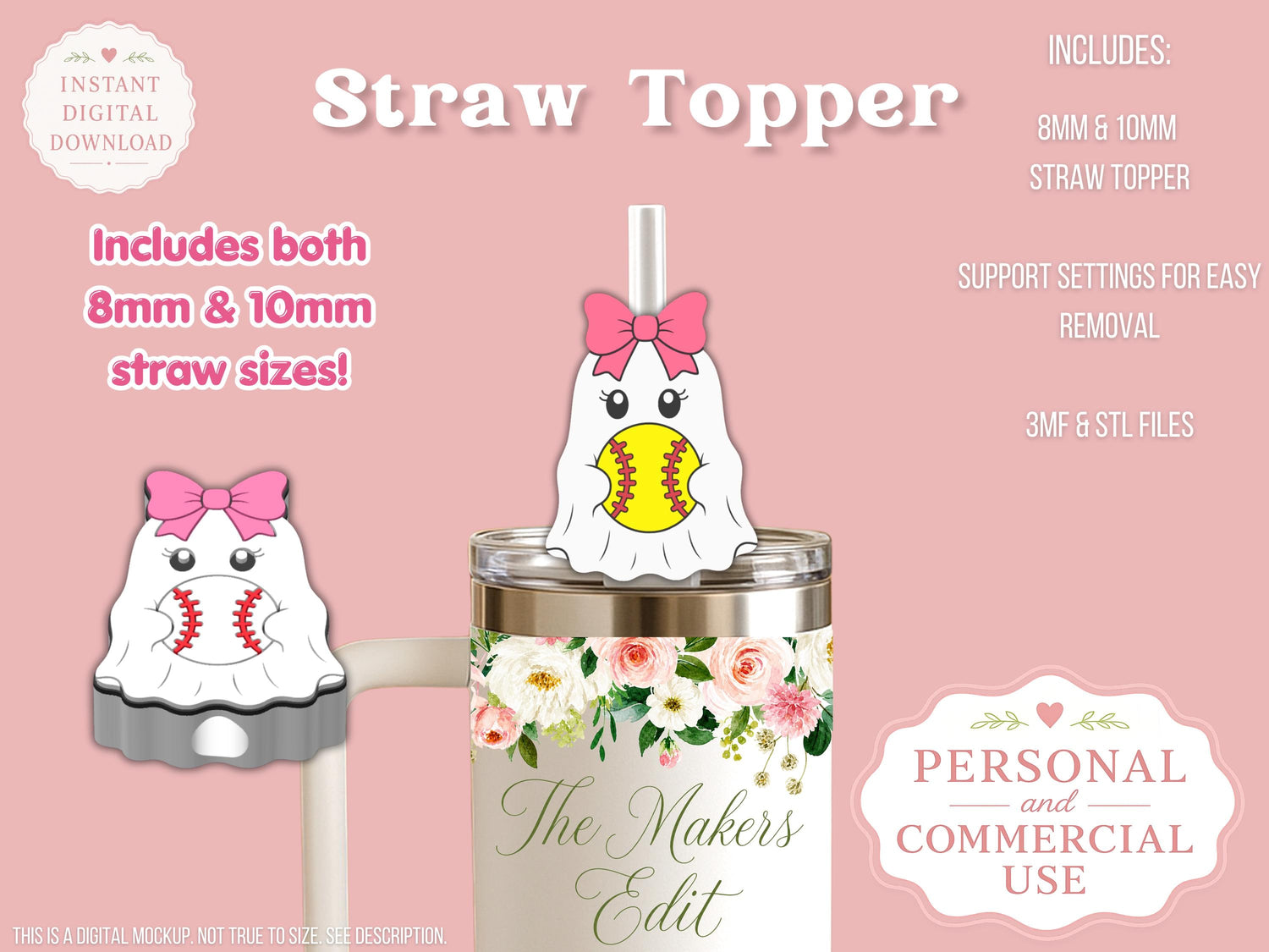 Straw Topper 3D Printer File | Ghost Baseball Softball STL 3MF | Fits 10mm & 8mm Straws