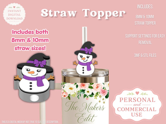 Straw Topper 3D Printer File | Witch Snowman STL 3MF | Fits 10mm & 8mm Straws