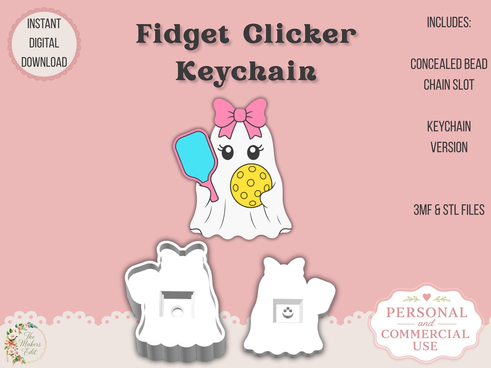 Fidget Clicker 3D Printer File | Pickleball Ghost Coquette Bow STL 3MF | Keychain