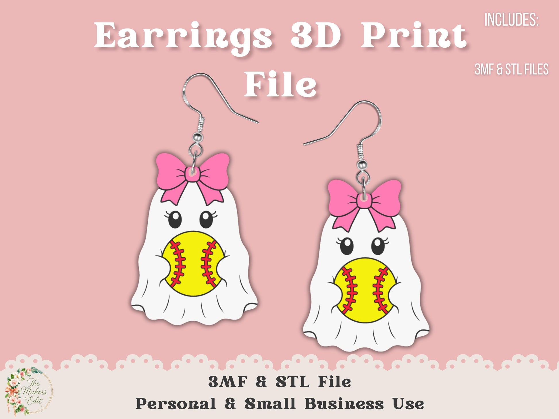 Earrings 3D Printer File | Ghost Baseball Softball Coquette STL 3MF