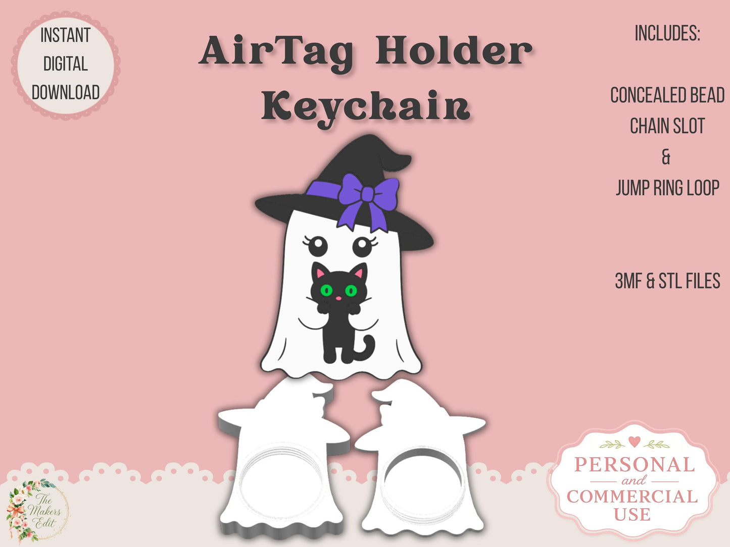 AirTag Holder Keychain | Ghost Witch Cat | STL 3MF