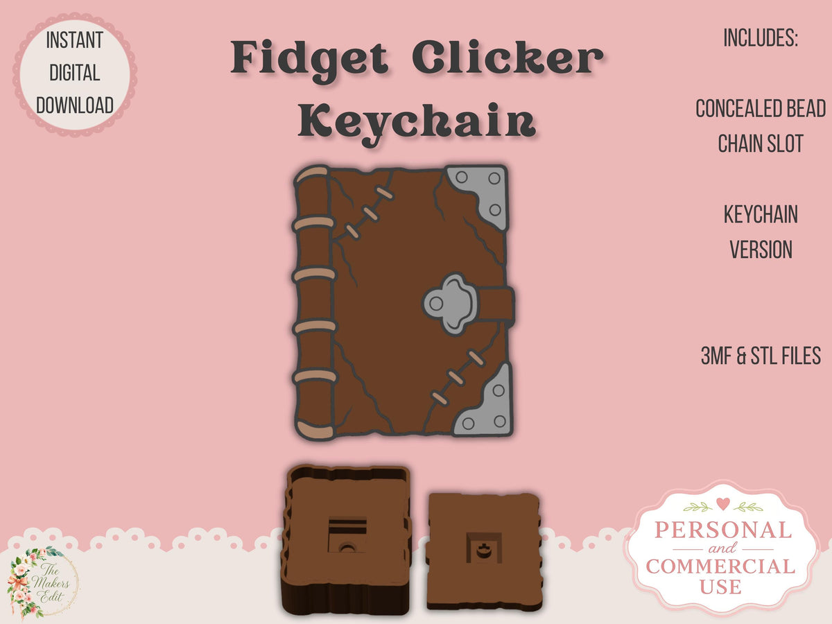 Fidget Clicker 3D Printer File | Spooky Book STL 3MF | Keychain