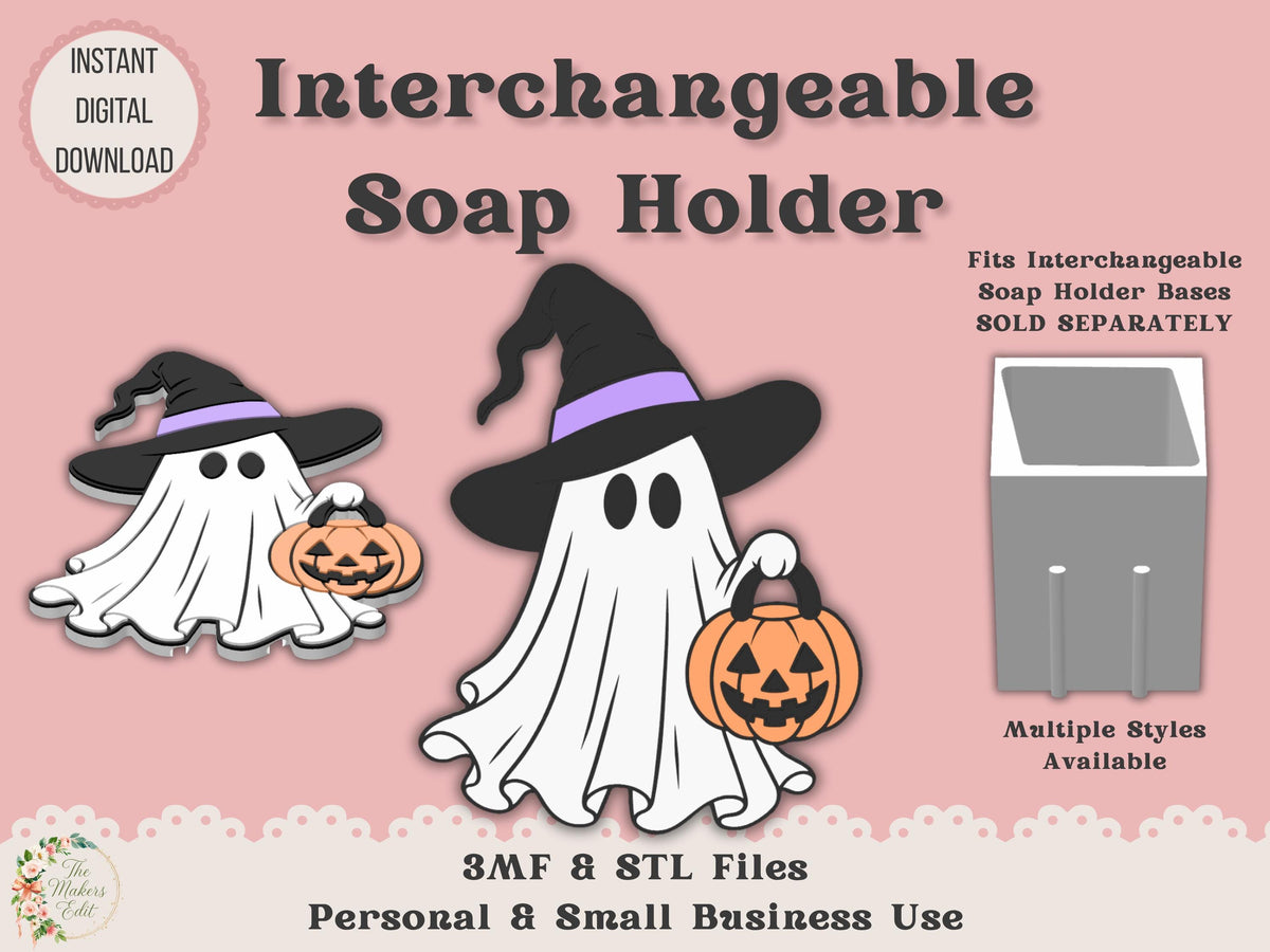 Soap Holder - Interchangeable Top 3D Printer File | Ghost Witch Pumpkin STL 3MF