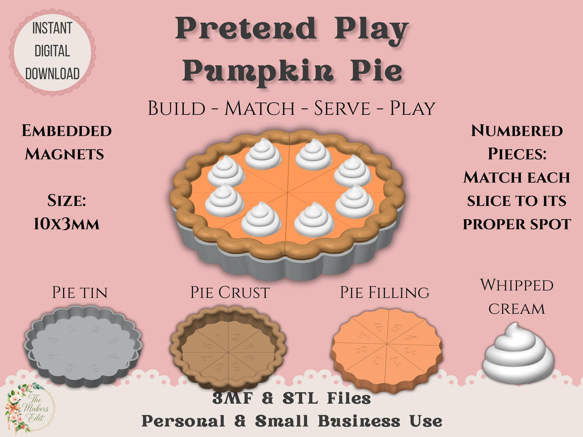 Pretend Play 3D Printer File | Pumpkin Pie STL 3MF